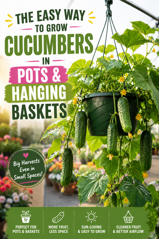 Growing cucumbers in hanging baskets with healthy vines and fresh cucumbers hanging below the basket for small space container gardening