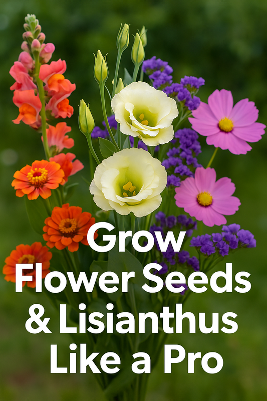 Lisianthus and zinnias blooming together in a bright summer garden