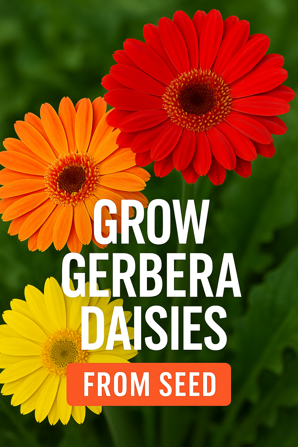 Bright red, orange, and yellow Gerbera daisies with text overlay promoting how to grow Gerbera daisies from seed.