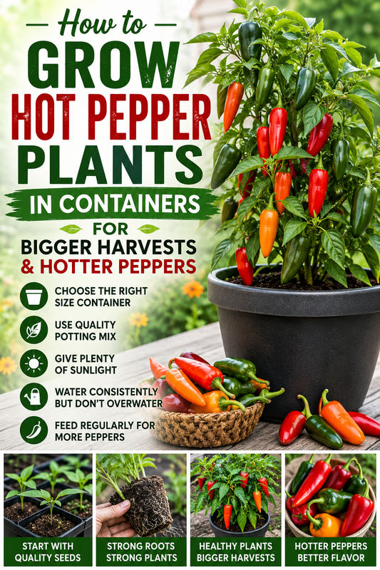 Hot pepper plants growing in containers with tips for bigger harvests and healthier pepper plants.
