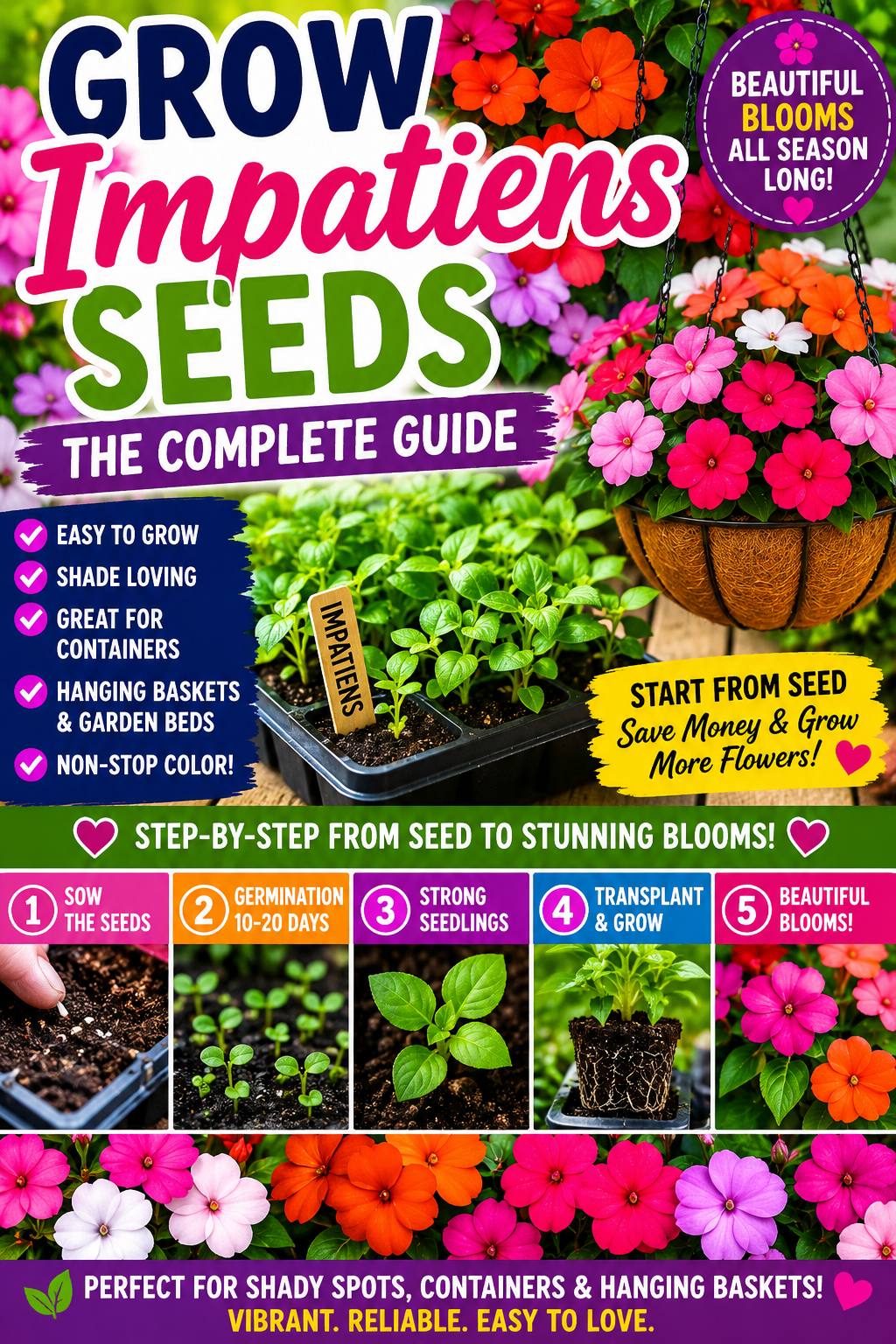 Colorful impatiens flowers and seedlings showing how to grow impatiens from seed