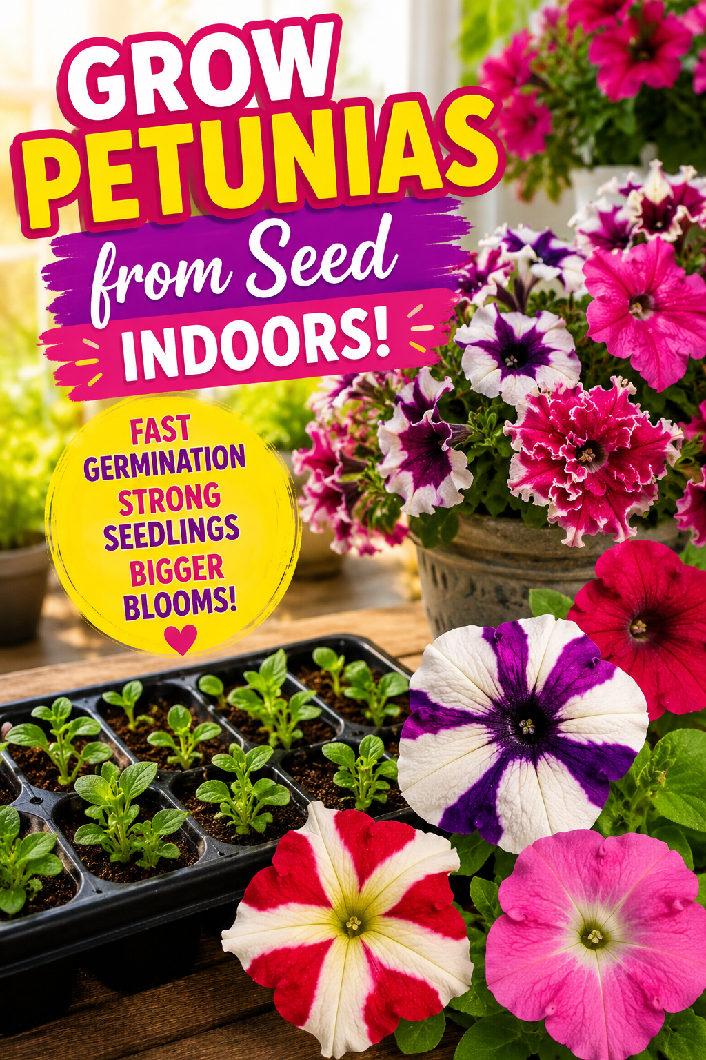 Colorful petunia flowers and healthy petunia seedlings growing indoors for fast germination and strong blooming plants in hanging baskets and containers