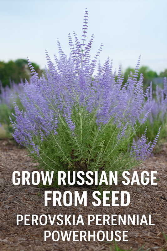 Russian Sage Perovskia Blue Steel plant in full bloom with lavender-blue flower spikes and silver foliage growing in a sunny garden, perfect perennial from seed