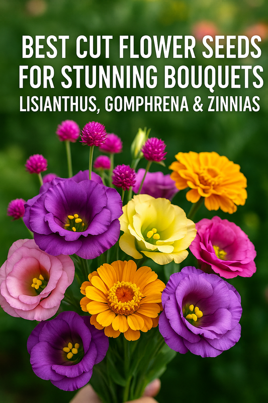 Lisianthus, Gomphrena, and Zinnias in a vibrant mixed bouquet — showcasing colorful summer cut flowers grown from seed for professional-quality bouquets and floral arrangements