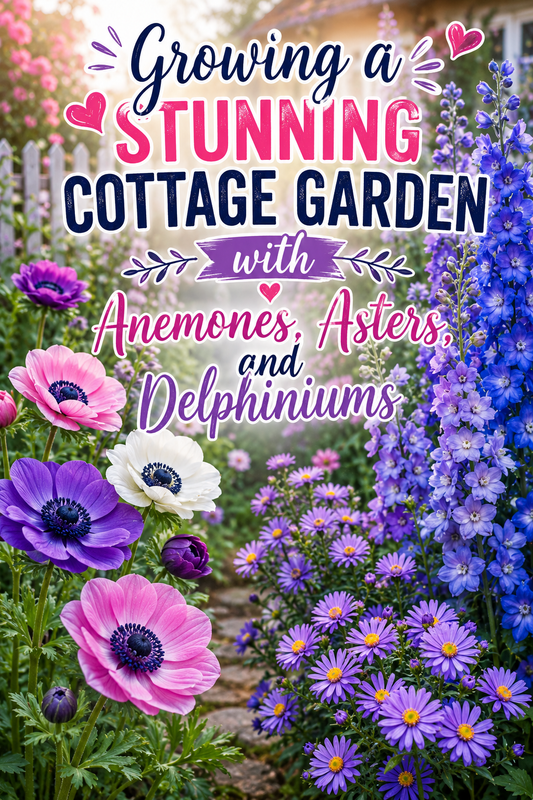 Beautiful cottage garden filled with colorful anemones, asters, and delphiniums creating a vibrant landscape with layered blooms, perfect for gardeners looking to grow a classic English-style cottage garden from seed.