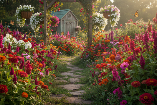 Colorful cottage garden in full bloom with zinnias, snapdragons, cosmos, and celosia grown from seed
