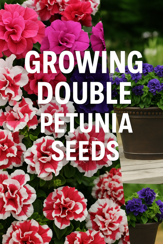 Vibrant double petunia flowers in pink, purple, and red with ruffled blooms, arranged in containers and baskets, highlighting popular Double Cascade, Madness, and Pirouette varieties