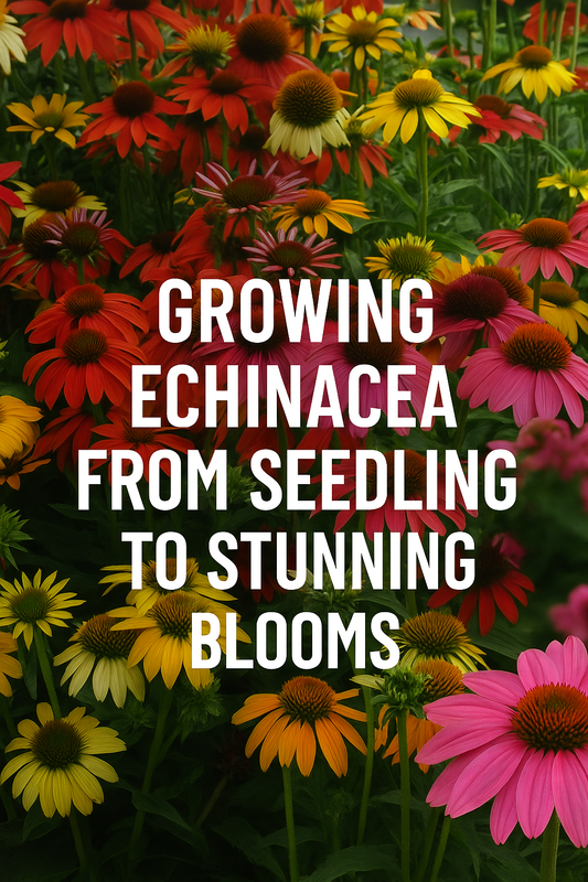 Colorful Echinacea coneflowers in full bloom with red, yellow, orange, and pink petals, featured as the cover image for the Growing Echinacea: From Seedling to Bloom guide