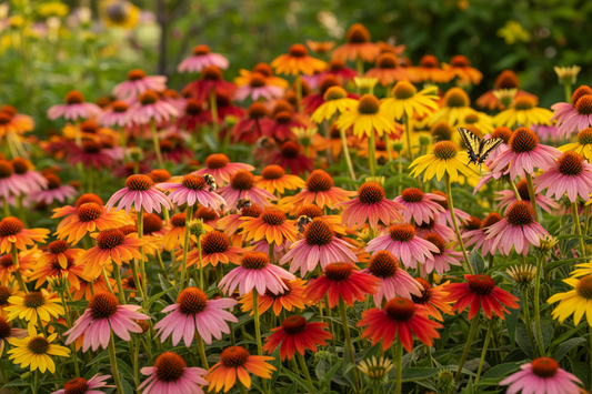 Colorful Echinacea coneflowers in bloom — pink, orange, red, and yellow varieties growing in a perennial garden border