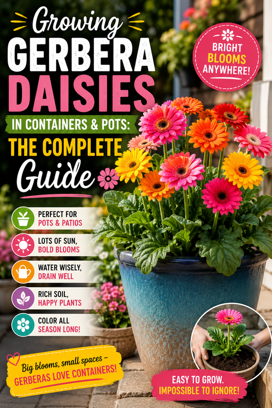 Colorful Gerbera daisies growing in patio containers with tips for choosing pots, soil, watering, and growing healthy plants with long-lasting blooms.