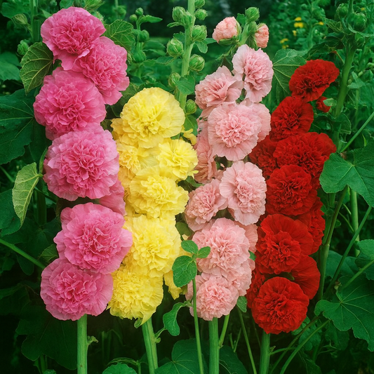 Chater’s Salmon Pink hollyhock with fully double salmon blooms on a tall spike