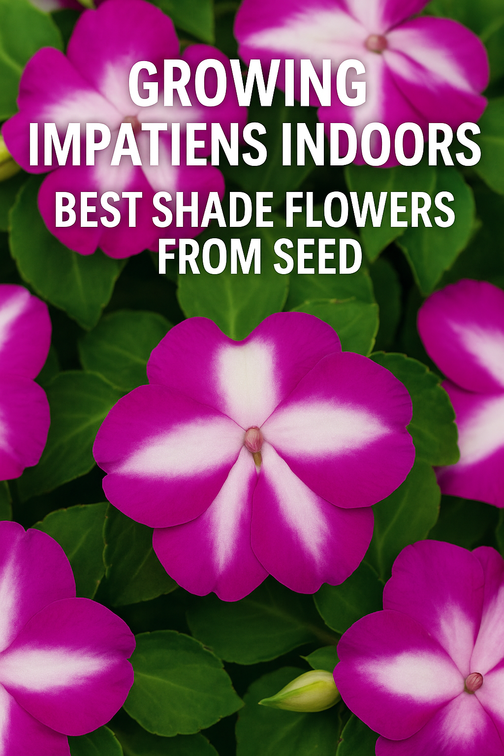Close-up of a magenta and white impatiens flower with lush green leaves, ideal shade-loving plant grown indoors from seed for continuous color.