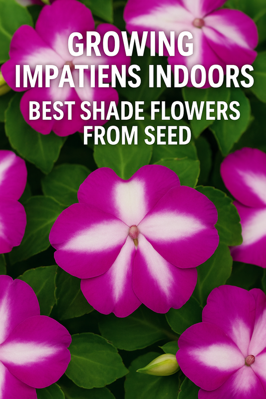 Close-up of a magenta and white impatiens flower with lush green leaves, ideal shade-loving plant grown indoors from seed for continuous color.