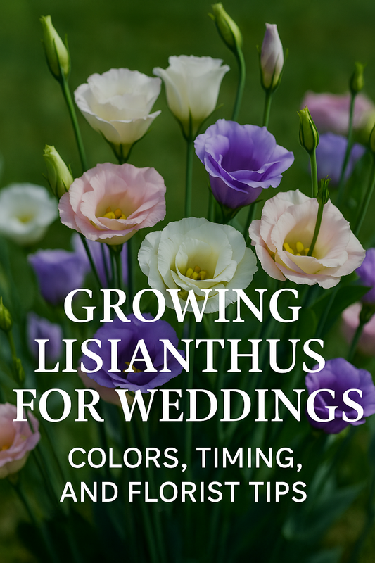 Beautiful bouquet of lisianthus flowers in white, blush pink, and lavender, perfect for weddings with florist tips on colors and timing