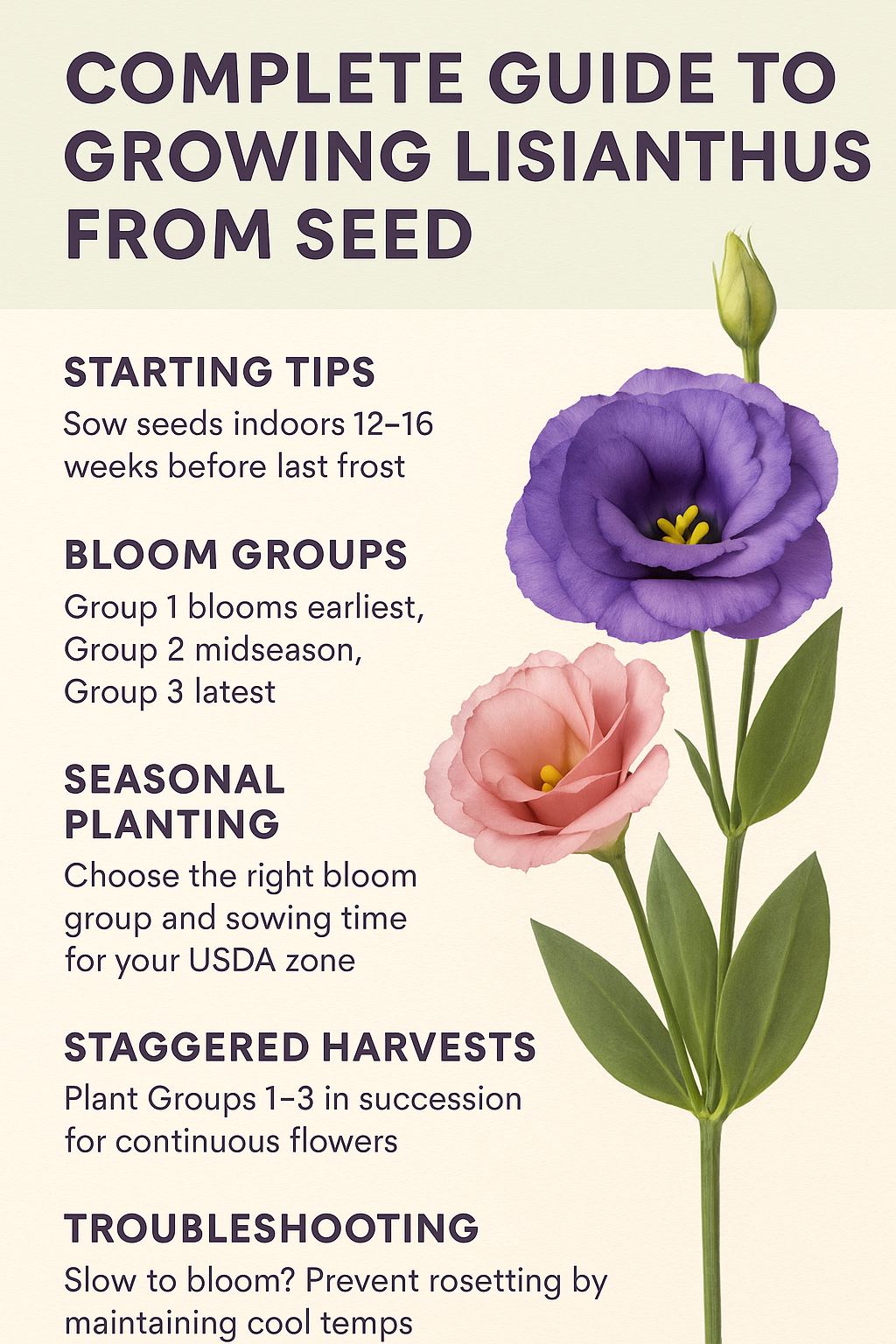 Lisianthus flowers in bloom with seed starting, bloom groups, and seasonal planting guide for continuous harvests