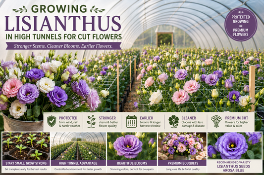 Lisianthus flowers growing inside a high tunnel with support netting showing premium cut flower production, stronger stems, and cleaner blooms