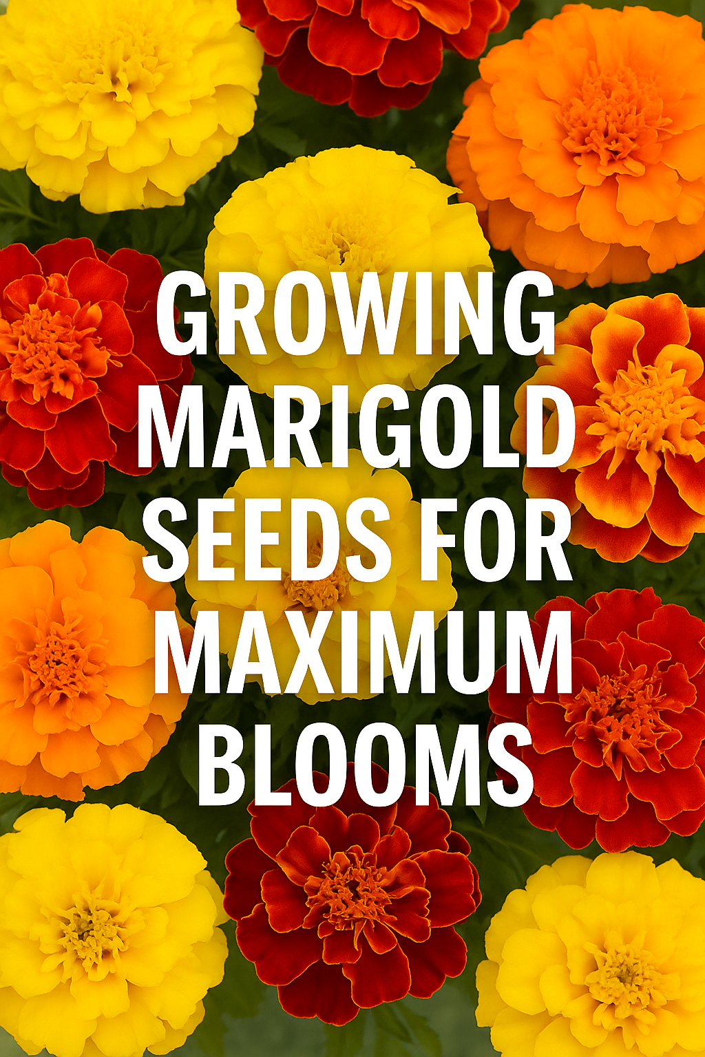 Bright orange and yellow marigolds in bloom with text ‘Growing Marigold Seeds for Maximum Blooms’.