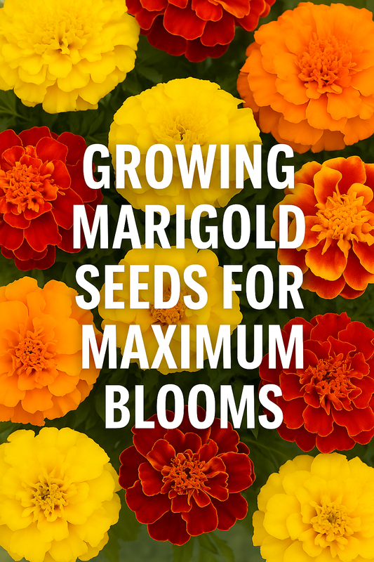 Bright orange and yellow marigolds in bloom with text ‘Growing Marigold Seeds for Maximum Blooms’.