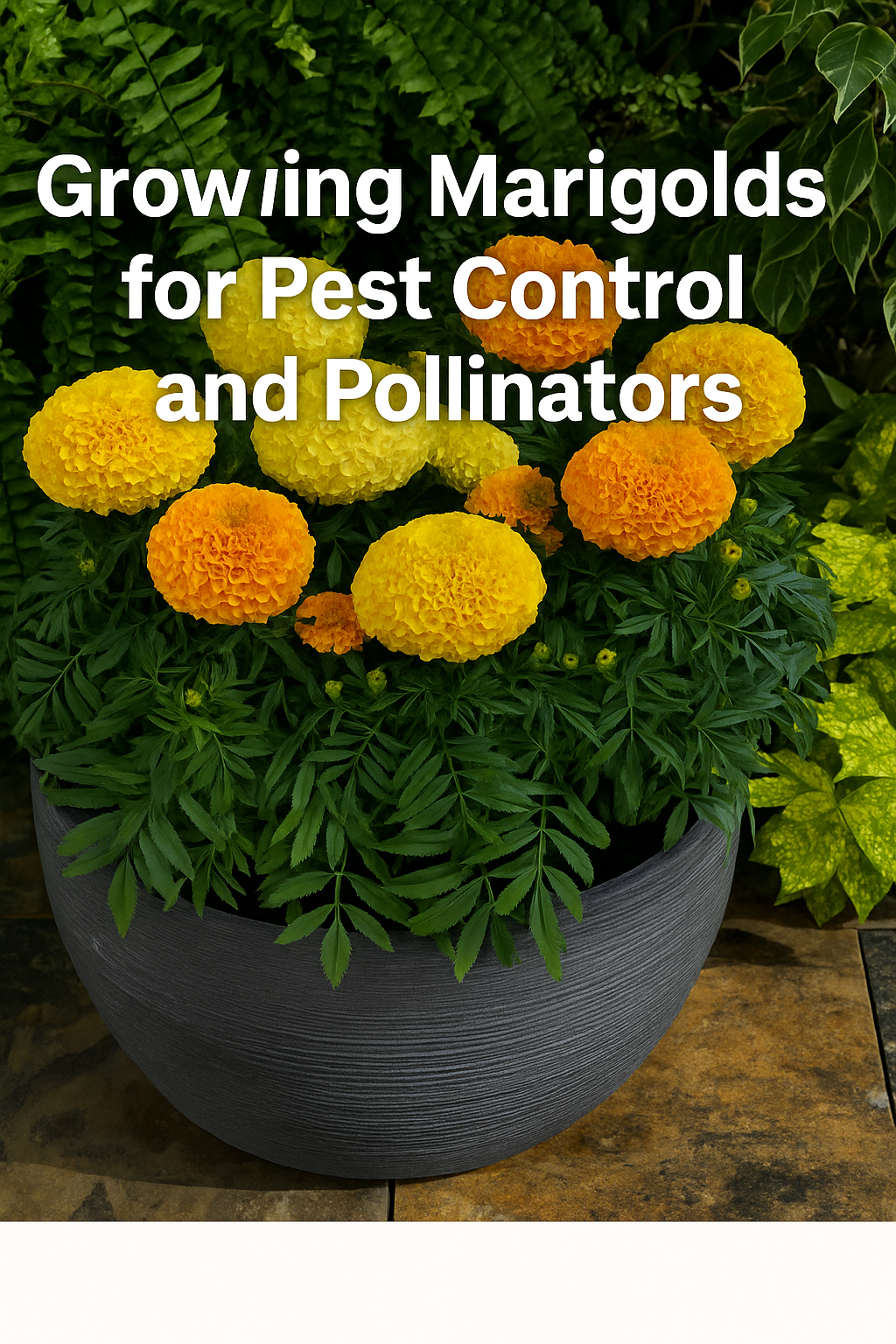 Bright yellow and orange marigolds in a garden pot with the text “Growing Marigolds for Pest Control and Pollinators.” Perfect for Pinterest and flower seed blog use.