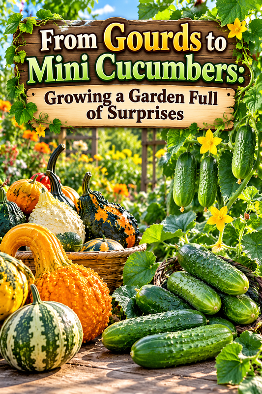 Colorful ornamental gourds and fresh mini cucumbers growing in a sunny vegetable garden