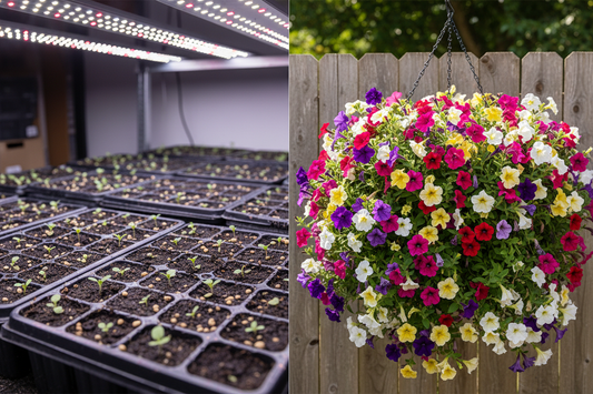 Petunia seedlings growing in seed trays compared to a lush hanging basket of blooming trailing petunias
