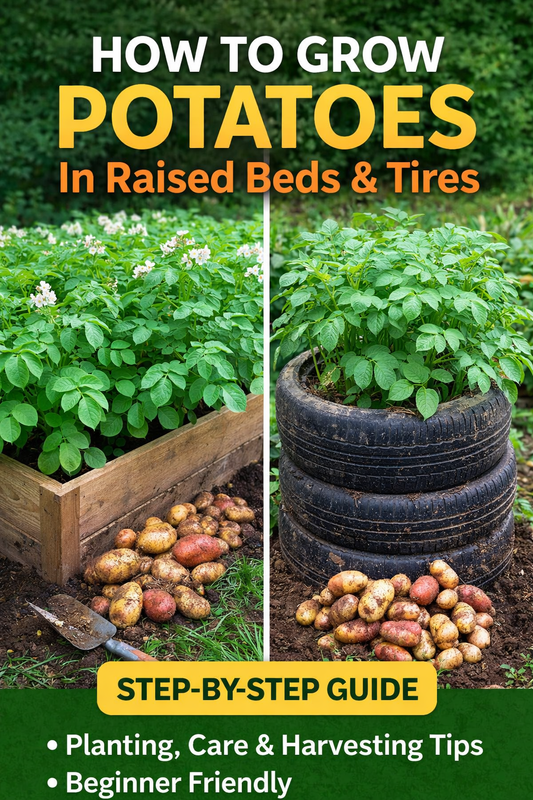 Growing potatoes in raised beds and stacked tires with large potato harvest shown in backyard garden growing guide