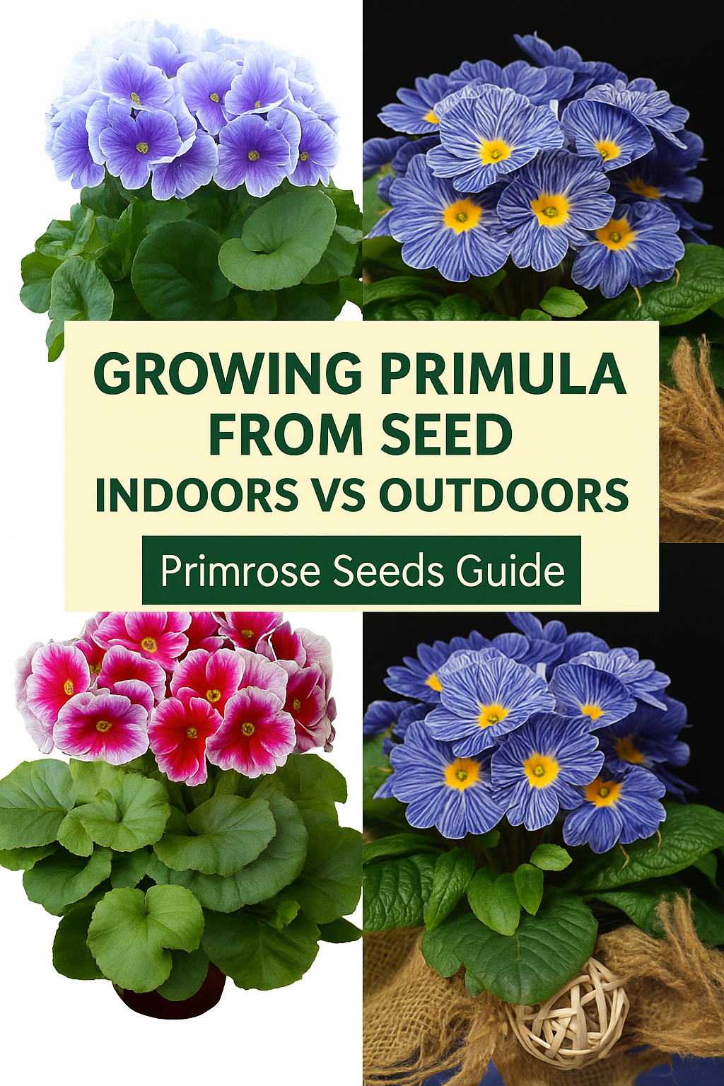 Collage of primula and primrose flowers showing vibrant varieties, illustrating the differences between growing primrose seeds indoors vs outdoors