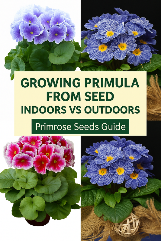 Collage of primula and primrose flowers showing vibrant varieties, illustrating the differences between growing primrose seeds indoors vs outdoors