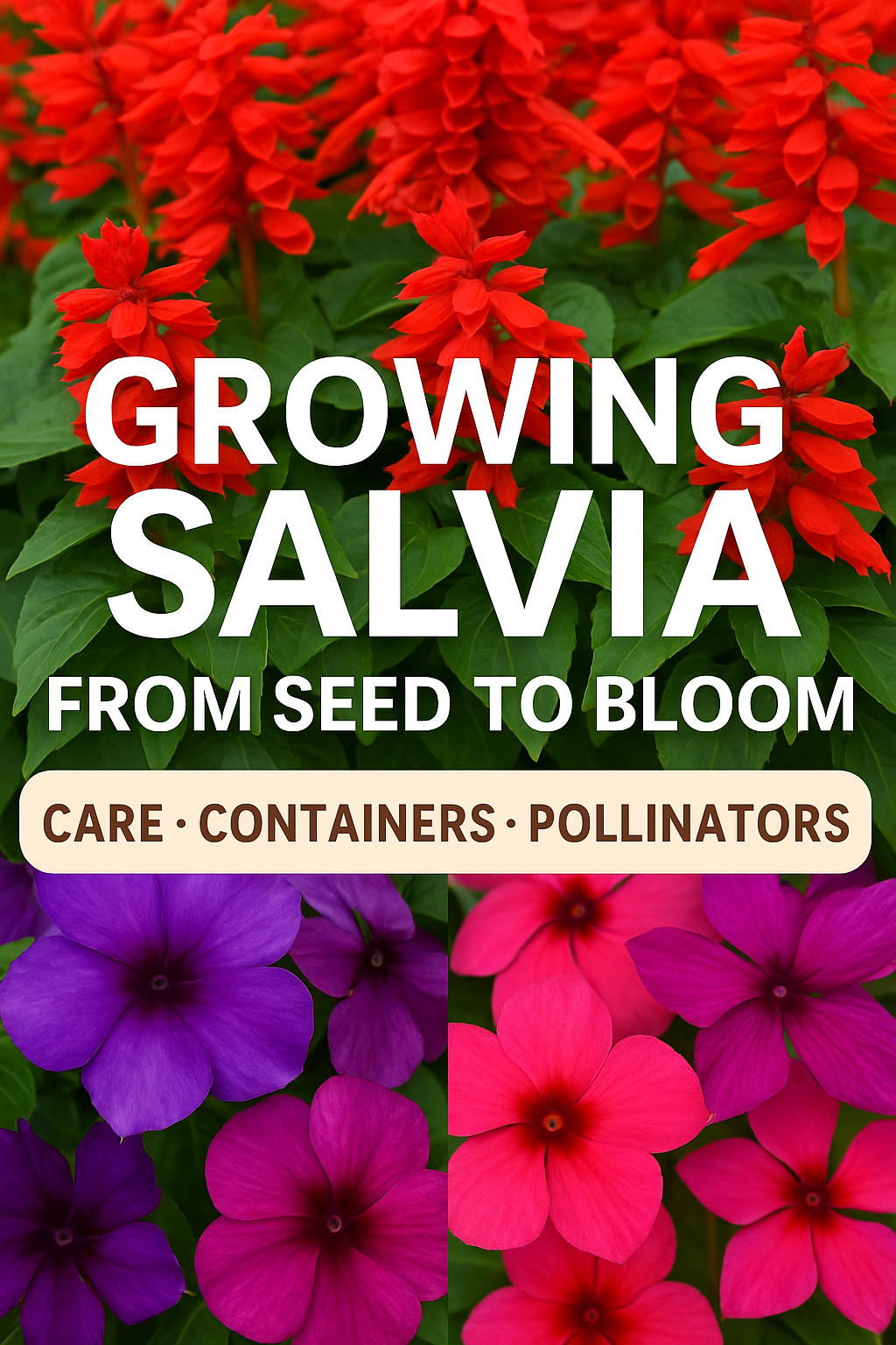 Vertical Pinterest-style photo showing vibrant red, purple, and pink salvia blooms with text “Growing Salvia from Seed to Bloom – Care, Containers & Pollinator Benefits,”