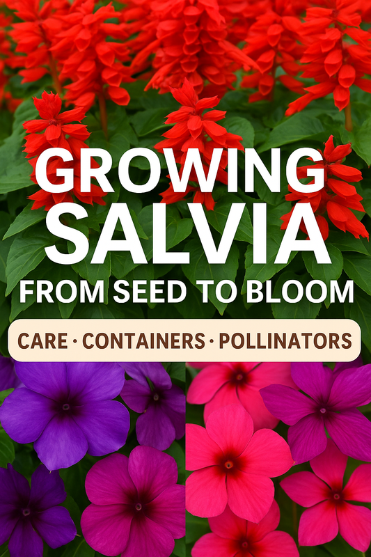 Vertical Pinterest-style photo showing vibrant red, purple, and pink salvia blooms with text “Growing Salvia from Seed to Bloom – Care, Containers & Pollinator Benefits,”