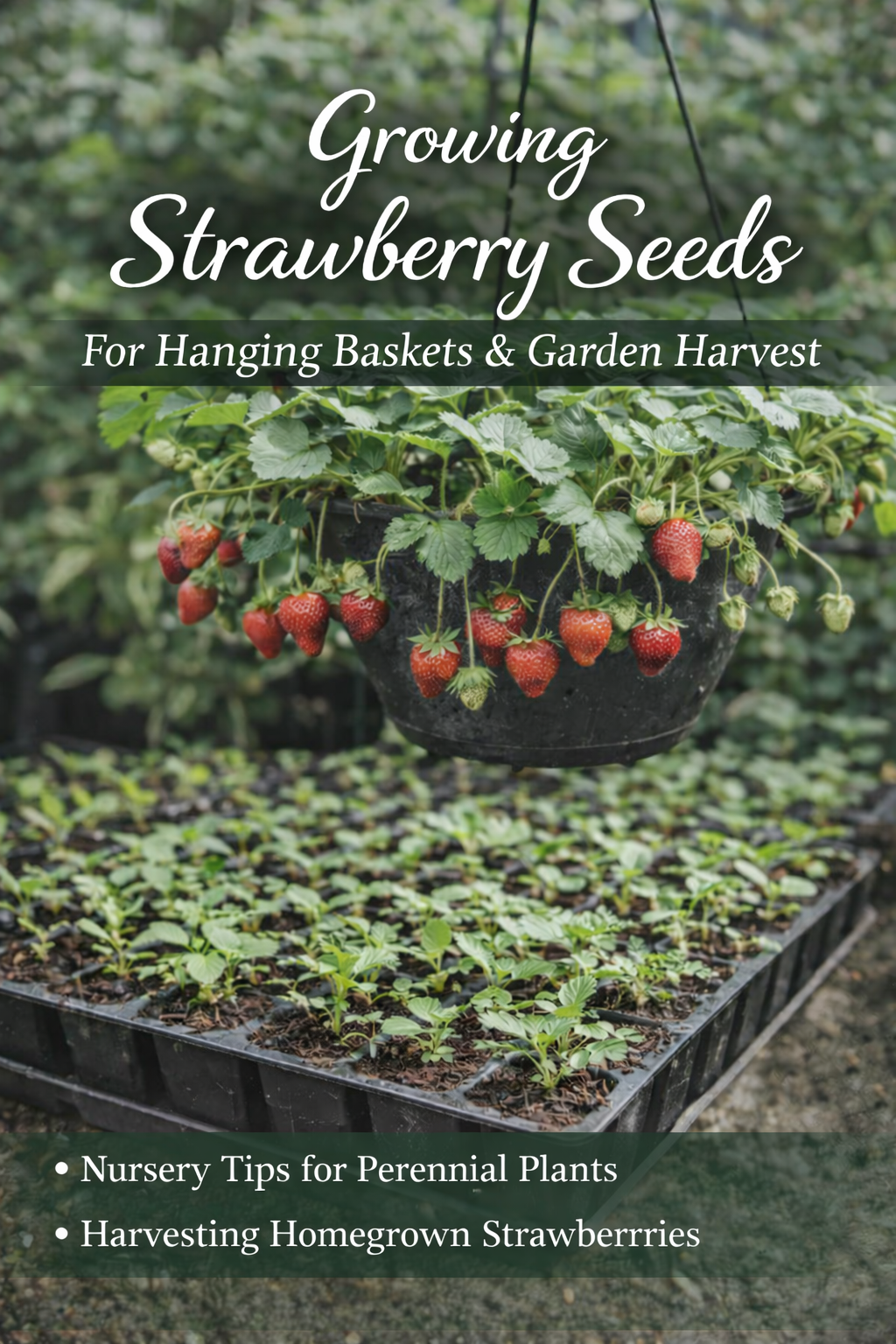Growing strawberry seeds for hanging baskets and garden harvest with strawberry plants producing ripe berries in a hanging basket and young seedlings growing in trays inside a greenhouse nursery.