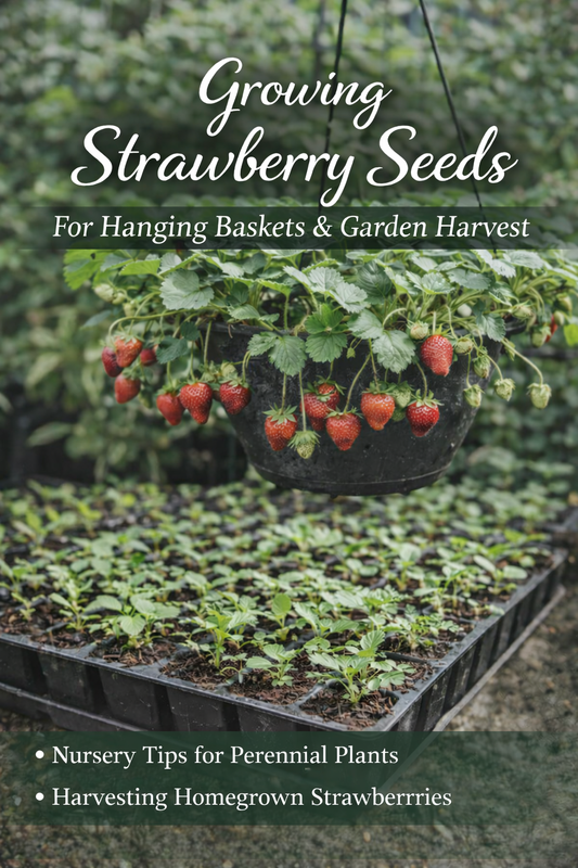Growing strawberry seeds for hanging baskets and garden harvest with strawberry plants producing ripe berries in a hanging basket and young seedlings growing in trays inside a greenhouse nursery.