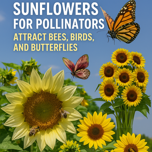 Sunflowers with bees and a butterfly – blog header for growing sunflowers to attract pollinators like bees, birds, and butterflies