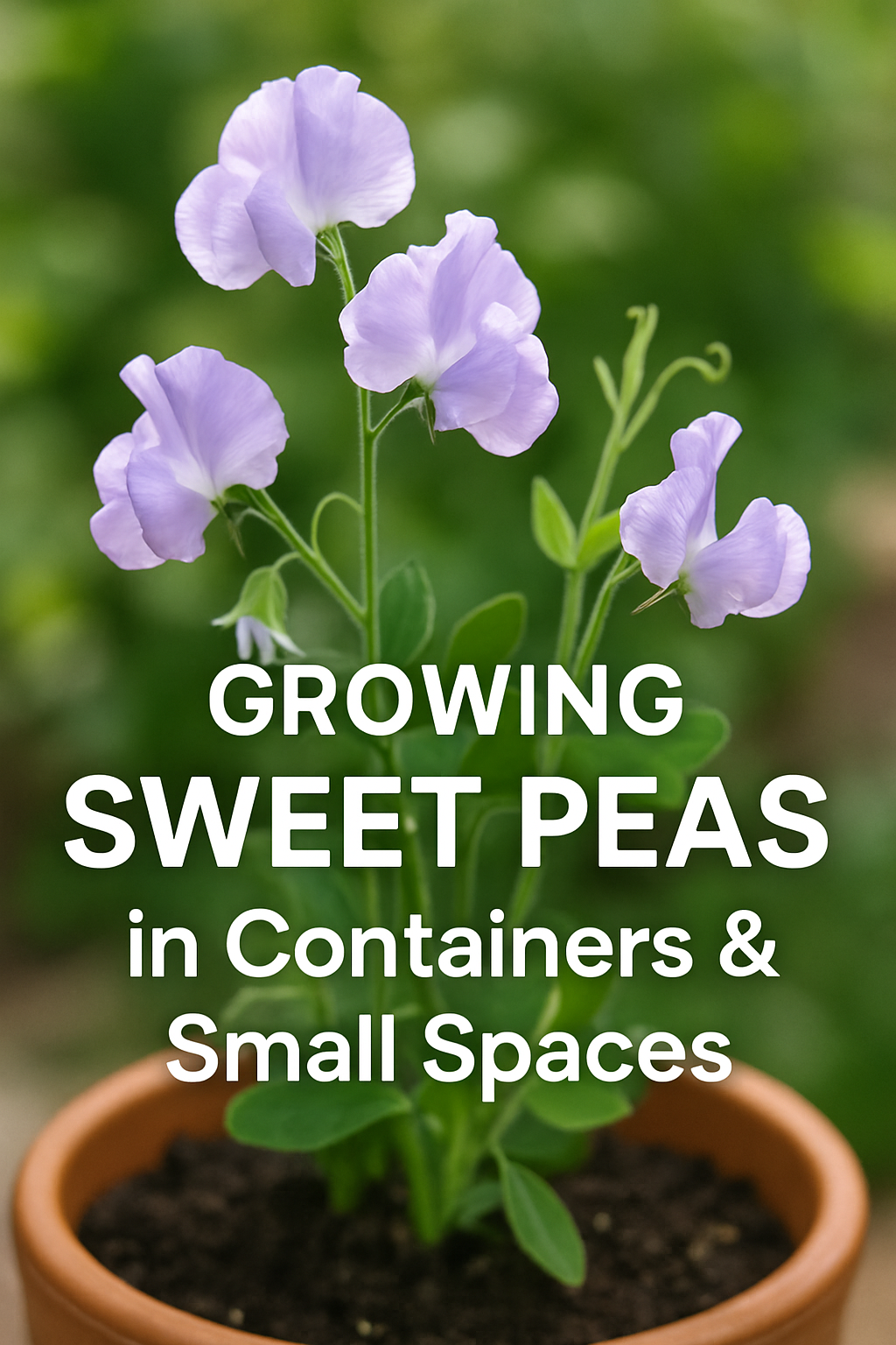 Sweet peas growing in containers with text overlay showing how to grow sweet peas in containers and small spaces