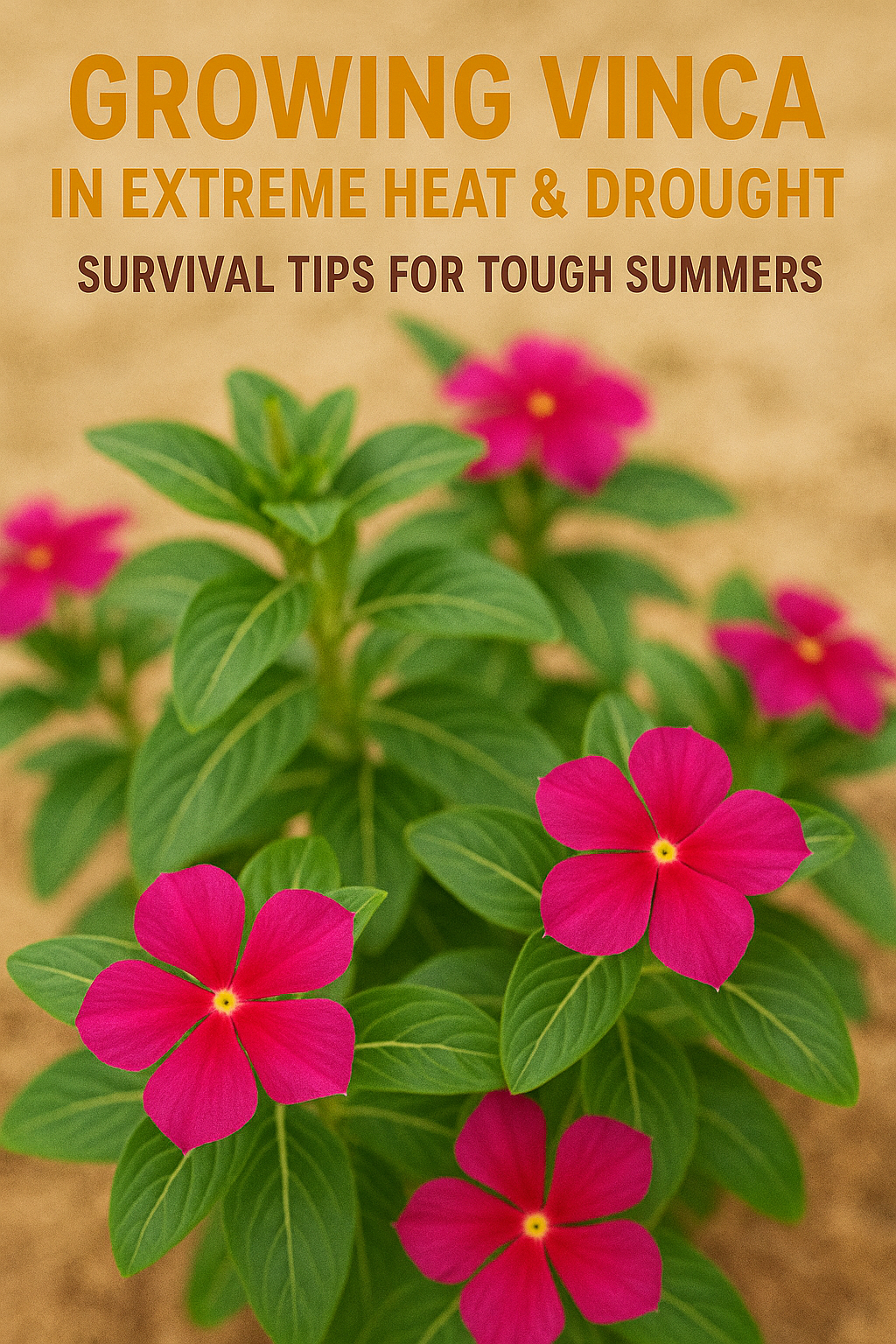 Vibrant pink vinca flowers thriving in extreme summer heat with drought-tolerant green foliage, showing resilience in hot, dry conditions