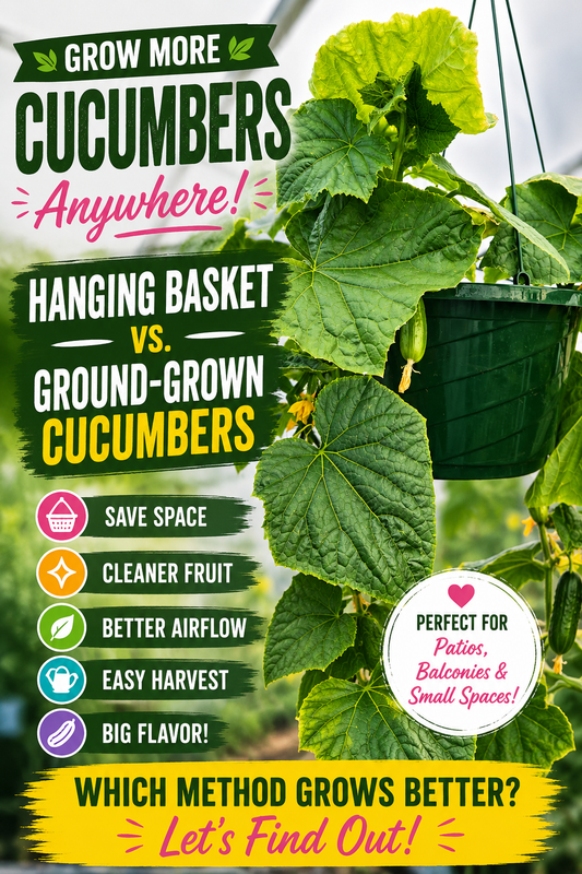 Mini cucumber plants growing in a hanging basket compared to traditional ground-grown cucumbers, showing space-saving container gardening and healthy cucumber production.