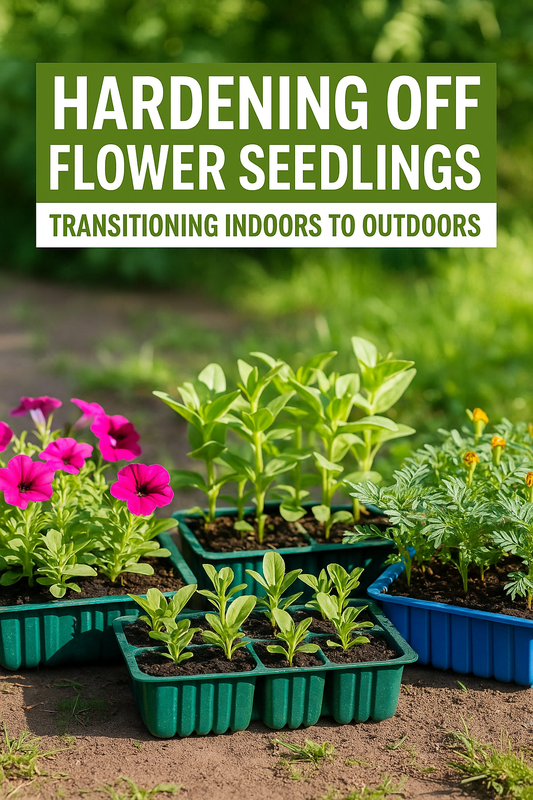 gardener hardening off flower seedlings outdoors in sunlight