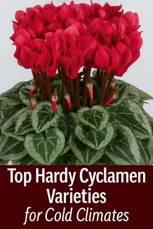Hardy magenta cyclamen with silver-veined leaves growing in a terracotta pot, ideal for cold climates