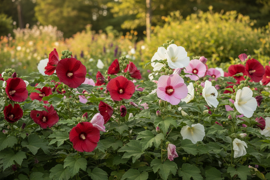 Hardy hibiscus Luna and Honeymoon series blooms in a summer perennial border — Zone 4 winter hardy