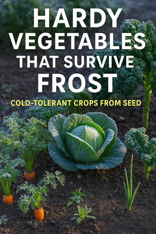 Kale, cabbage, broccoli, carrots, and onions thriving in a frosty early-spring garden — hardy vegetables that survive frost and grow well from seed