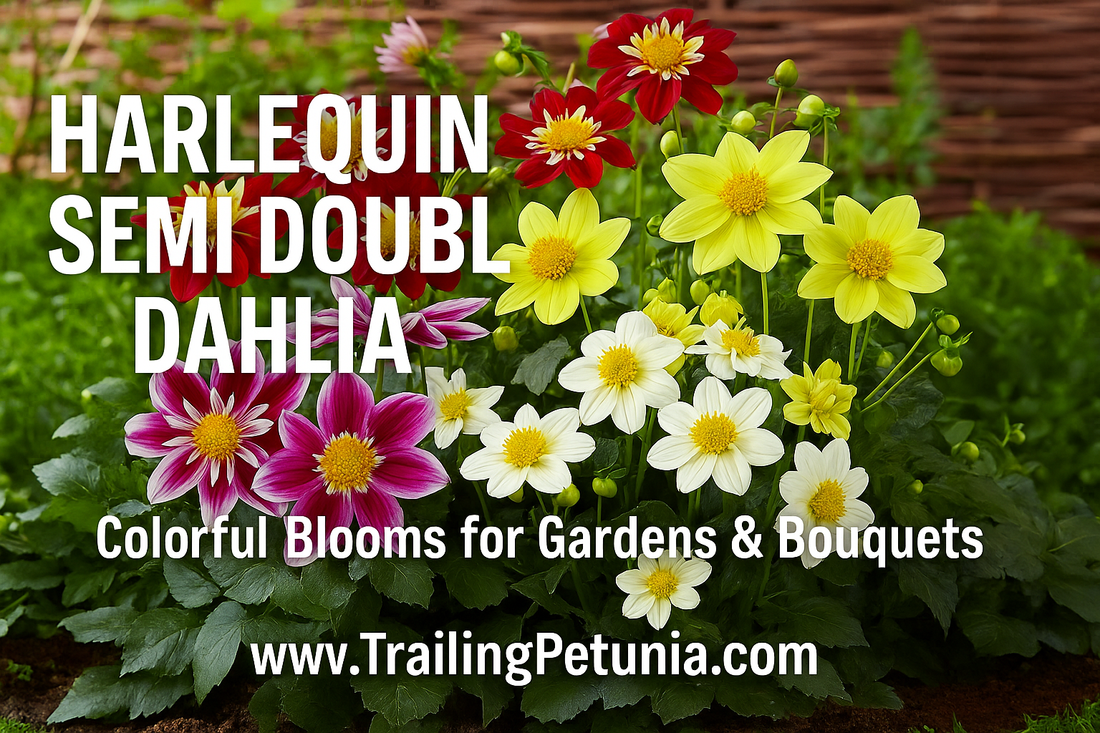 Harlequin Semi Double Dahlia flowers blooming in garden