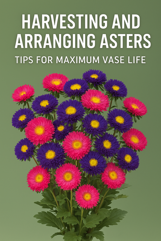 Bouquet of pink and purple asters arranged with lush green foliage in a florist style, text overlay reading "Harvesting and Arranging Asters – Tips for Maximum Vase Life