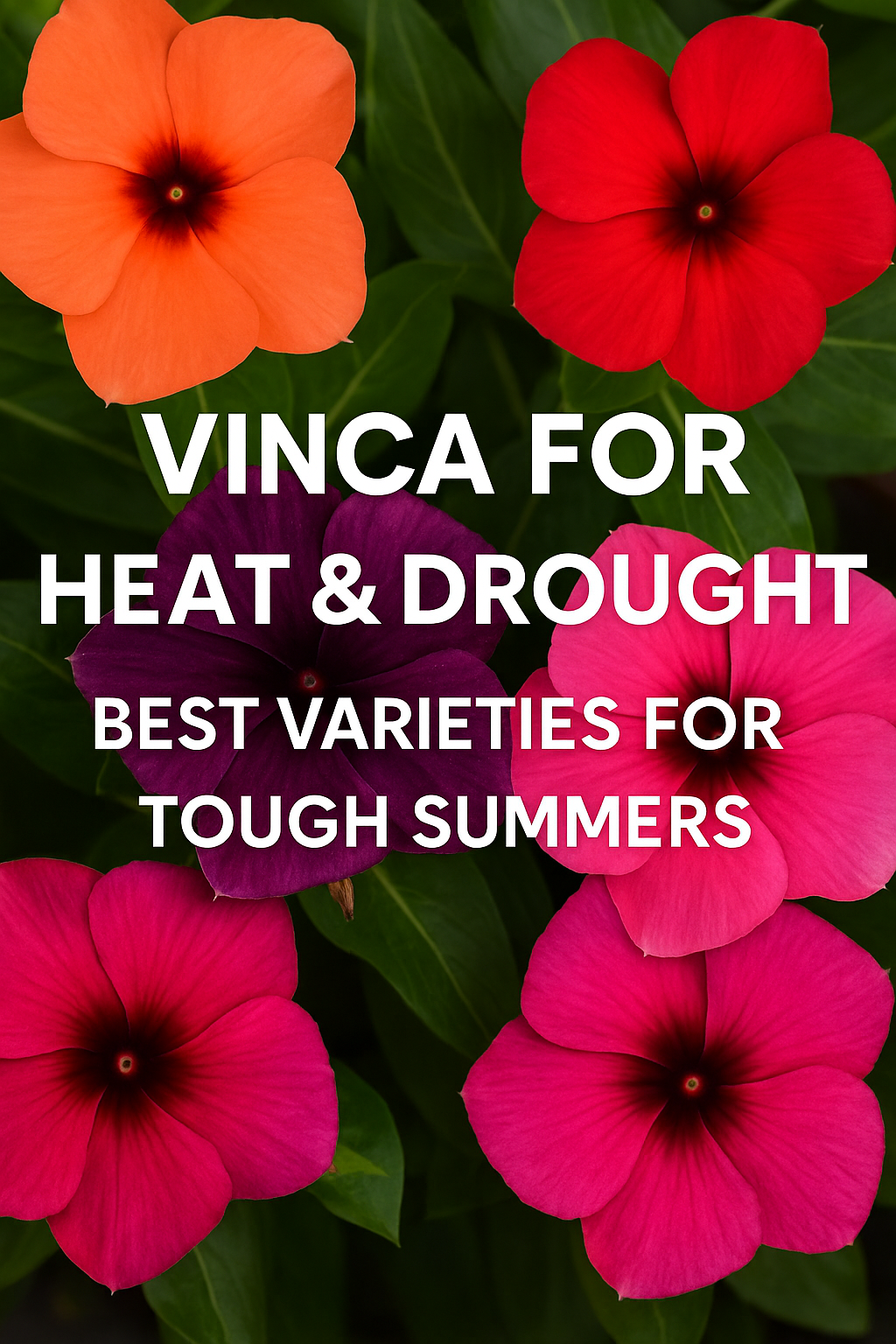 Bright vinca flowers in shades of orange, red, purple, and pink showcasing heat-tolerant and drought-resistant varieties that thrive in tough summer conditions