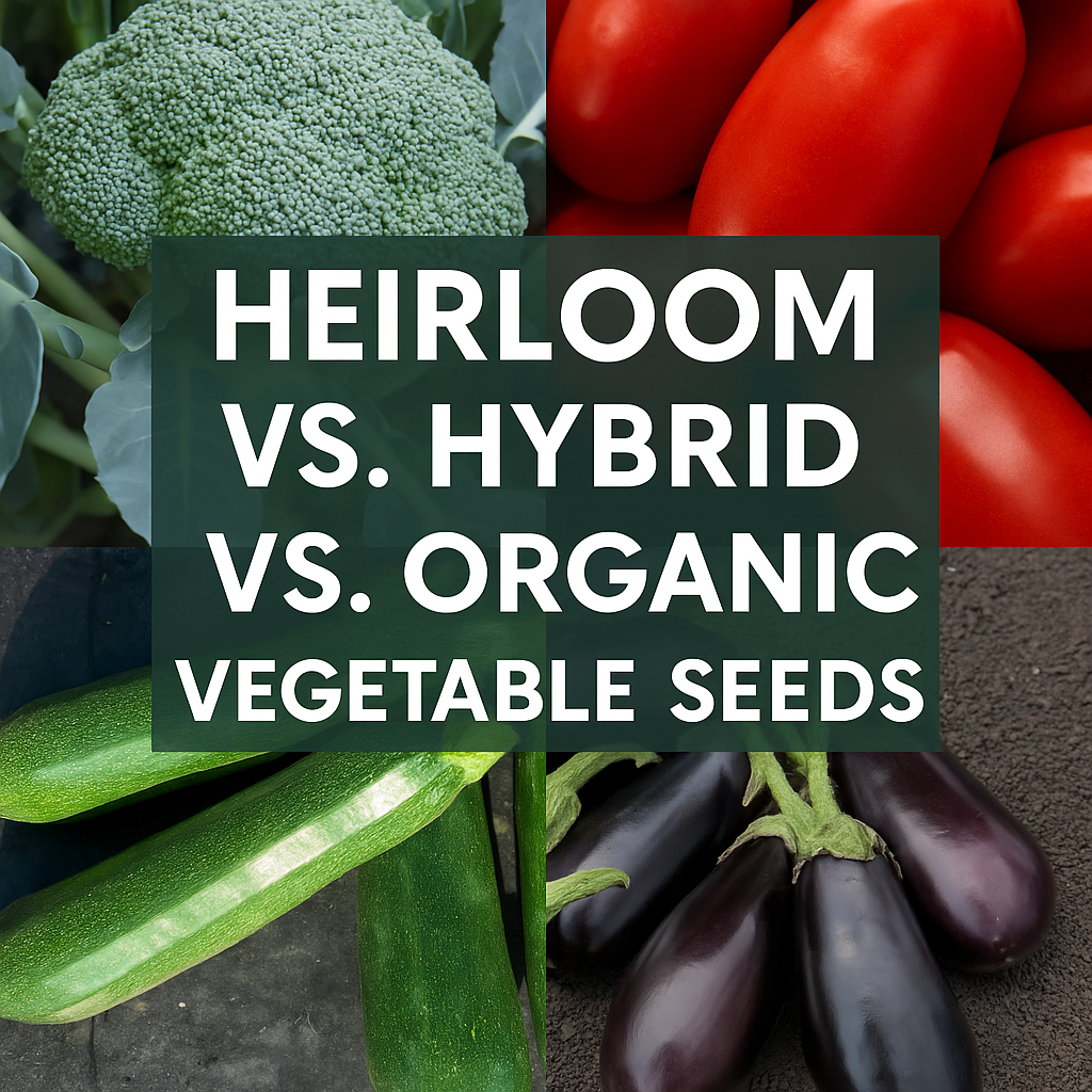 Collage of broccoli, heirloom tomatoes, zucchini squash, and eggplants with text Heirloom vs Hybrid vs Organic Vegetable Seeds, highlighting bulk and smaller vegetable seed options for home and market gardens