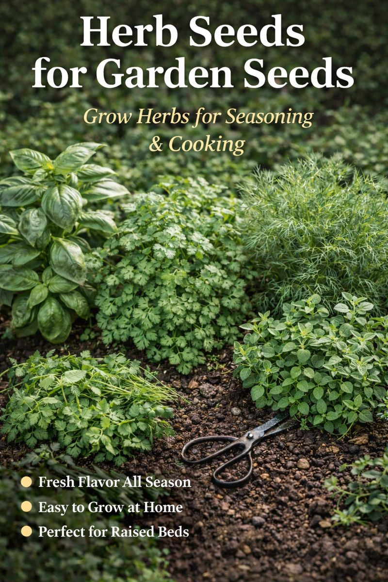 Herb seeds growing in a garden bed with basil, cilantro, dill, and oregano