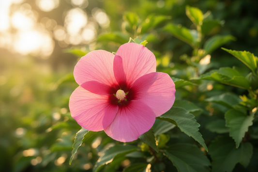 Hibiscus Honeymoon Rose in full bloom — giant rose-pink perennial flower in summer garden