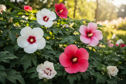 Hardy Hibiscus Luna Mix in bloom — dinner-plate flowers in white, rose, red, and pink swirl, zones 4–9