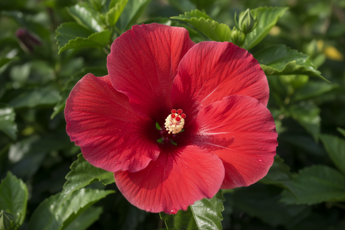 Hibiscus Luna Red hardy perennial flower in full bloom, deep crimson blooms zones 4-9