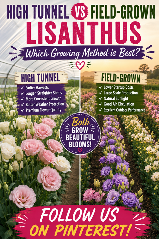 High tunnel and field-grown Lisianthus flowers growing side by side for comparison.