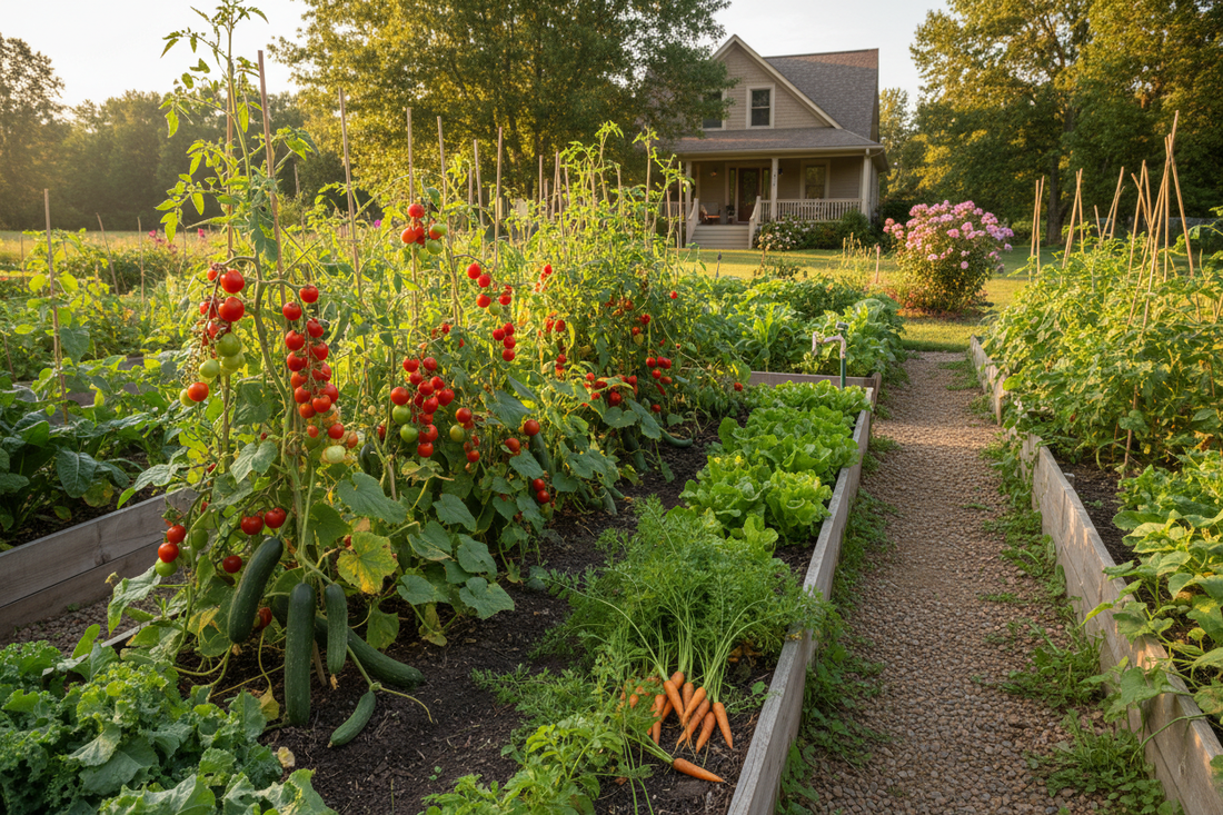 Lush home vegetable garden with ripe tomatoes, cucumbers, and carrots growing in raised beds